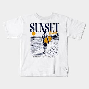 Vintage Surfing Sunset Beach, Huntington Beach, California // Retro Surfer Sketch // Surfer's Paradise Kids T-Shirt